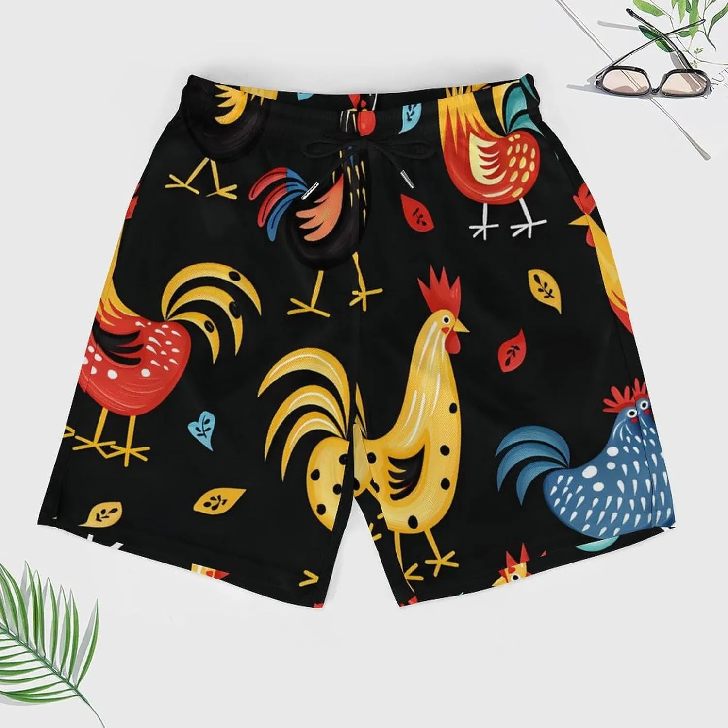 Colorful Rooster Men's Swim Trunks Quick Dry Board Shorts Swimwear Beach Shorts with Compression Liner