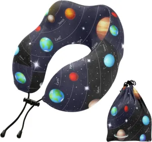 Colorful Solar Sun Earth Mercury Travel Neck Pillow for Sleeping Airplane Memory Foam Neck Support Pillow with Storage Bag Airplane Pillow for Adults Kids Long Flight Car Train Bus Home Office