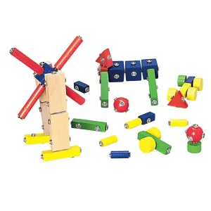 Constructive Playthings Children's Snap N Play Building Blocks for Toddlers 3-5 Years with Drawstring Bag for Block Storage, STEM Toys, Durable Hardwood Manipulatives, Multicolor, 65 pcs.