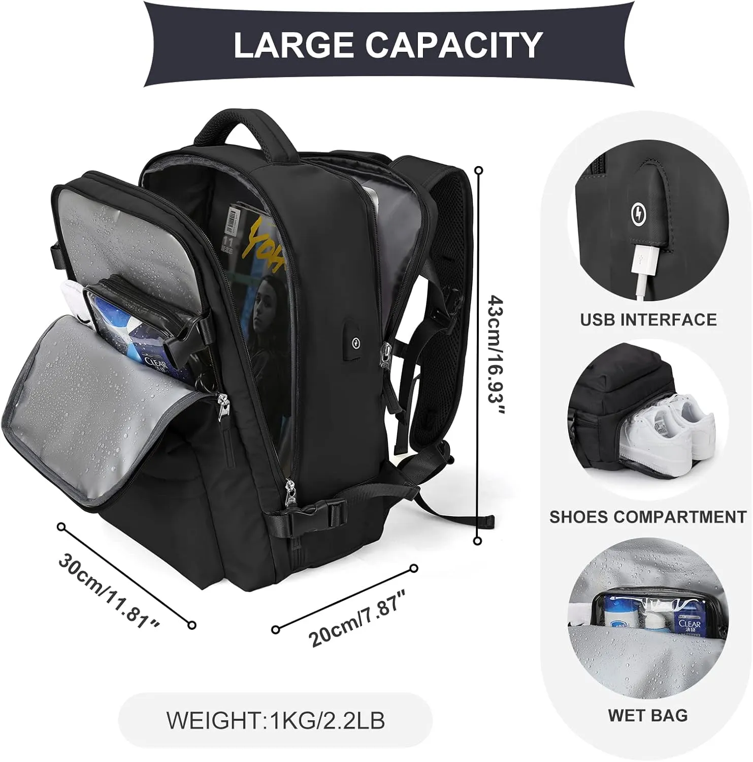 coowoz Travel Backpack For Women Men Airline Approved,Black Carry On Backpack,Large Hiking Backpack Waterproof Outdoor Sports Rucksack Casual Daypack Fit 15.6 Inch Laptop Backpack College Backpack