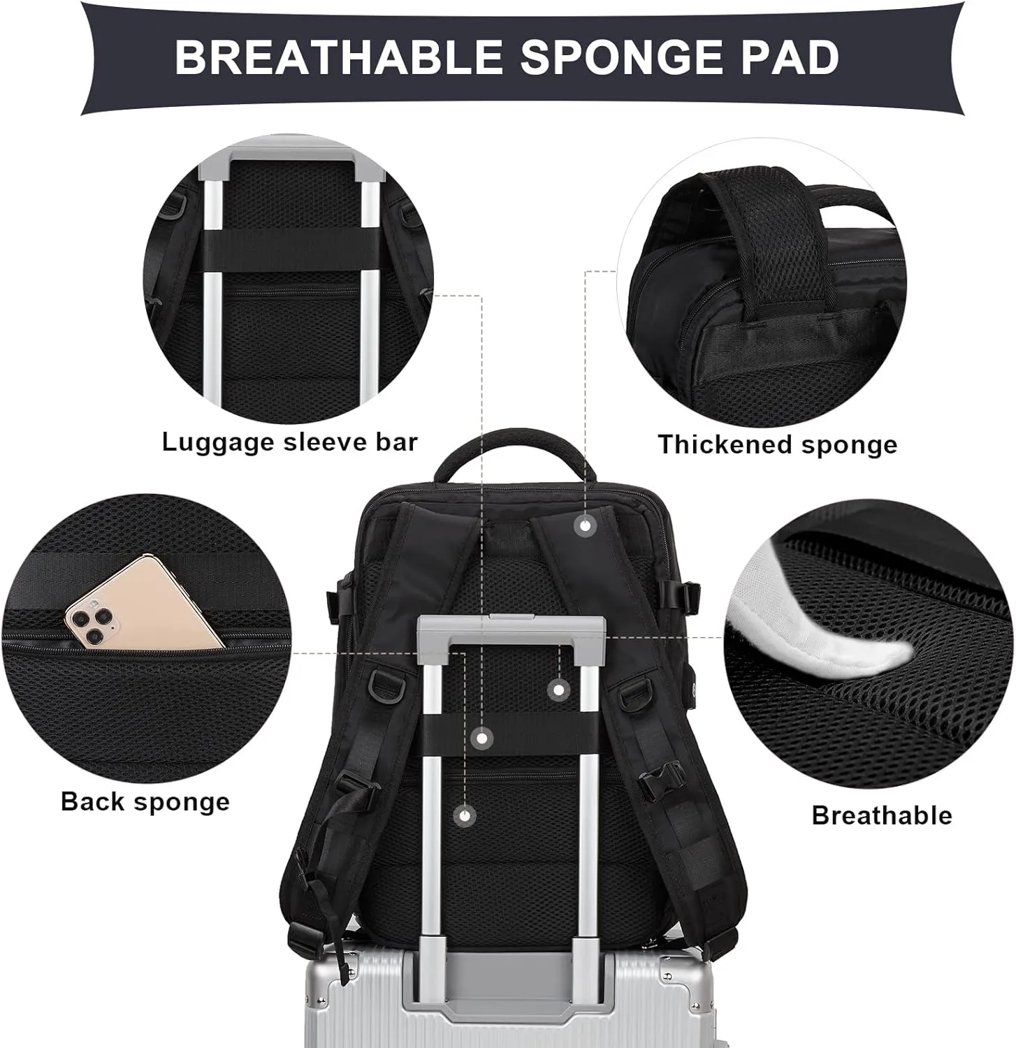 coowoz Travel Backpack For Women Men Airline Approved,Black Carry On Backpack,Large Hiking Backpack Waterproof Outdoor Sports Rucksack Casual Daypack Fit 15.6 Inch Laptop Backpack College Backpack