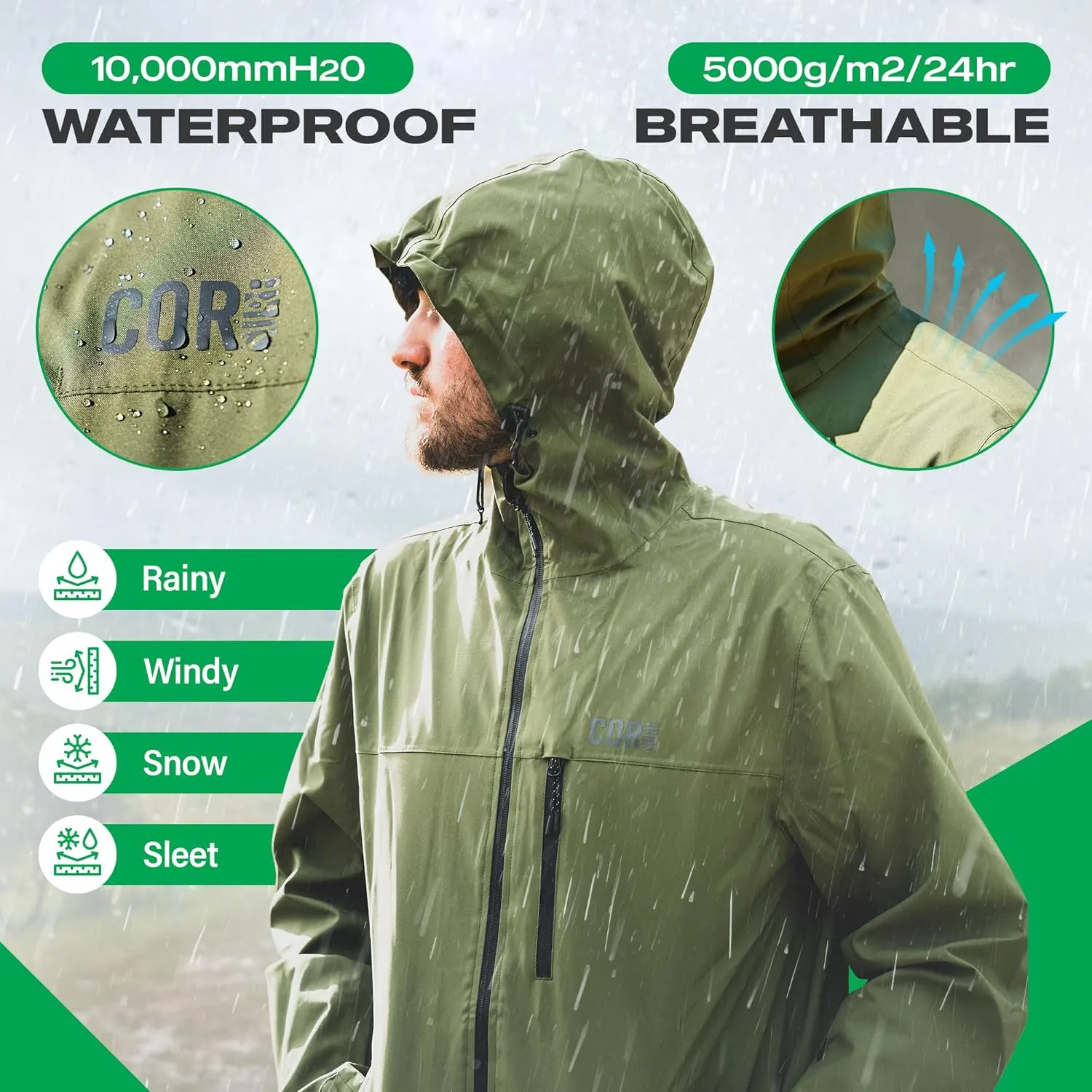 COR Men's Packable Waterproof Travel Rain Jacket | The Ultimate All-Season Breathable Rain Coat for Men with Secret Pockets
