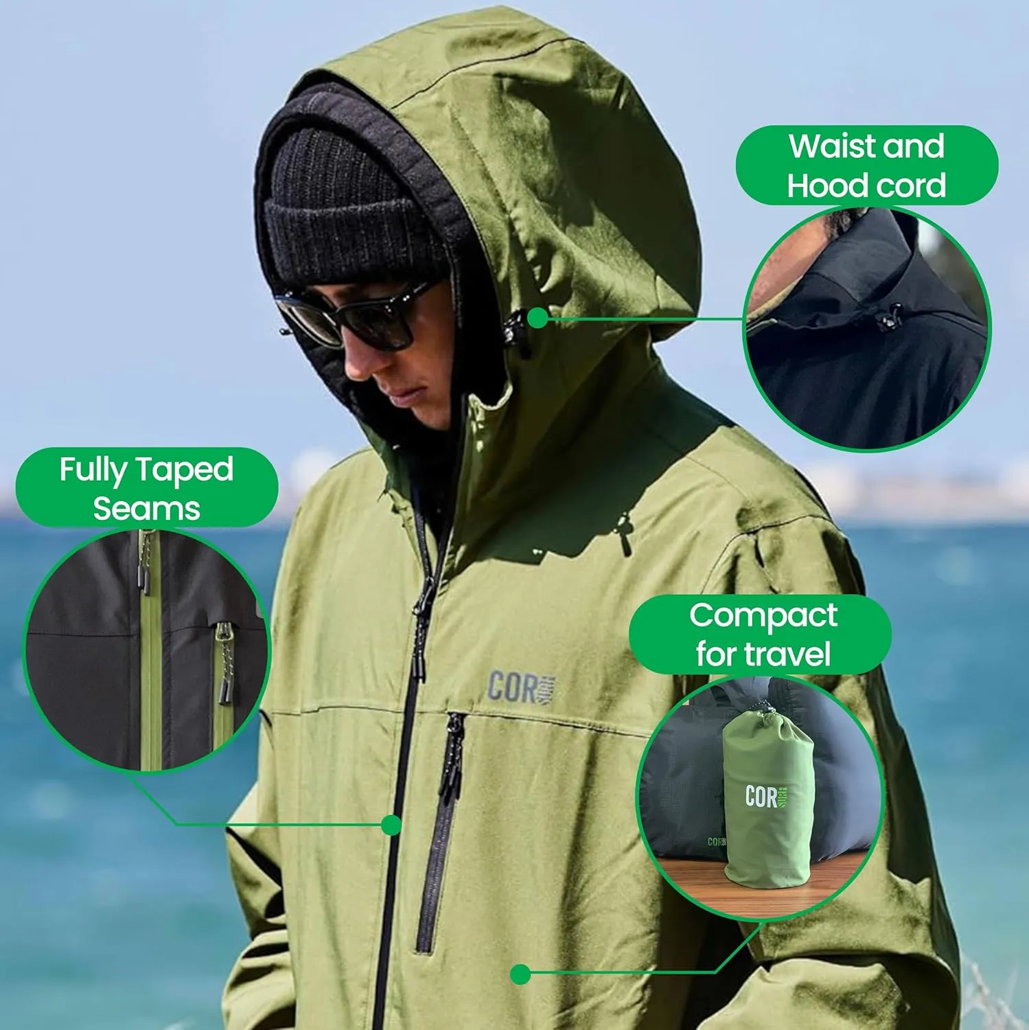 COR Men's Packable Waterproof Travel Rain Jacket | The Ultimate All-Season Breathable Rain Coat for Men with Secret Pockets