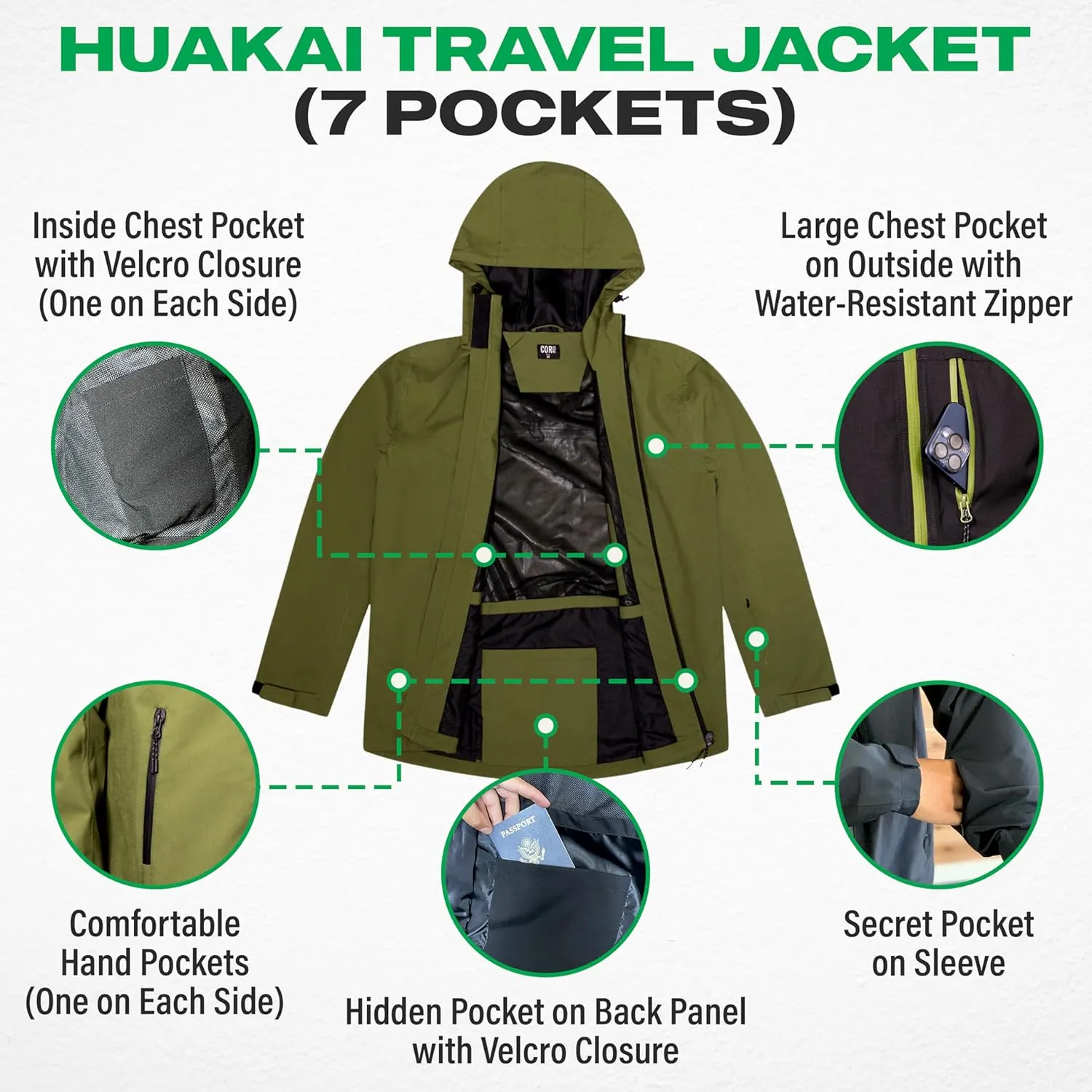 COR Men's Packable Waterproof Travel Rain Jacket | The Ultimate All-Season Breathable Rain Coat for Men with Secret Pockets