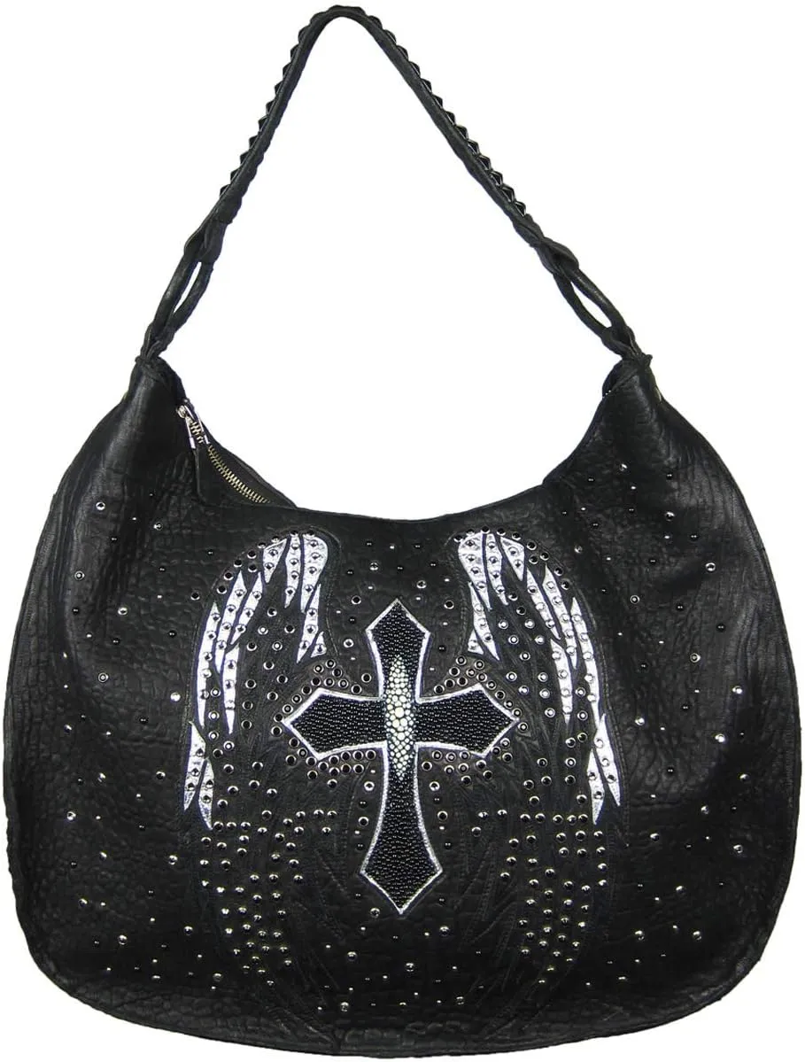 Corral Black Studs and Crystals Wings and Cross Stingray Shoulder Bag - Z1000