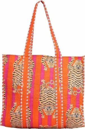 Cotton Tiger Block Print Tote Bag, Handmade Indian Shopping Shoulder Bag, Unisex Market Daily Use