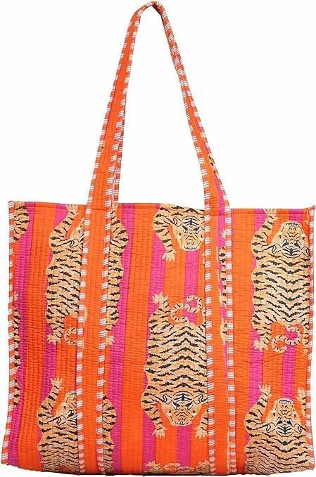 Cotton Tiger Block Print Tote Bag, Handmade Indian Shopping Shoulder Bag, Unisex Market Daily Use