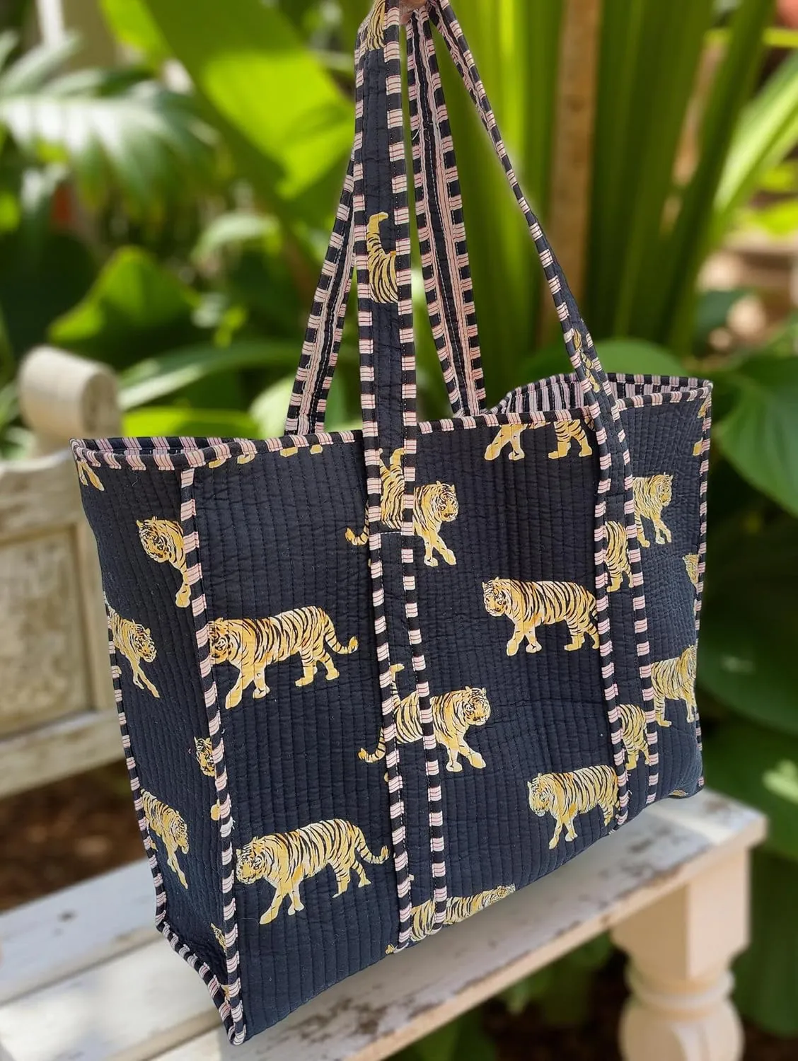 Cotton Tiger Block Print Tote Bag, Indian Handmade Shopping Shoulder Bag, Unisex Market Daily Use