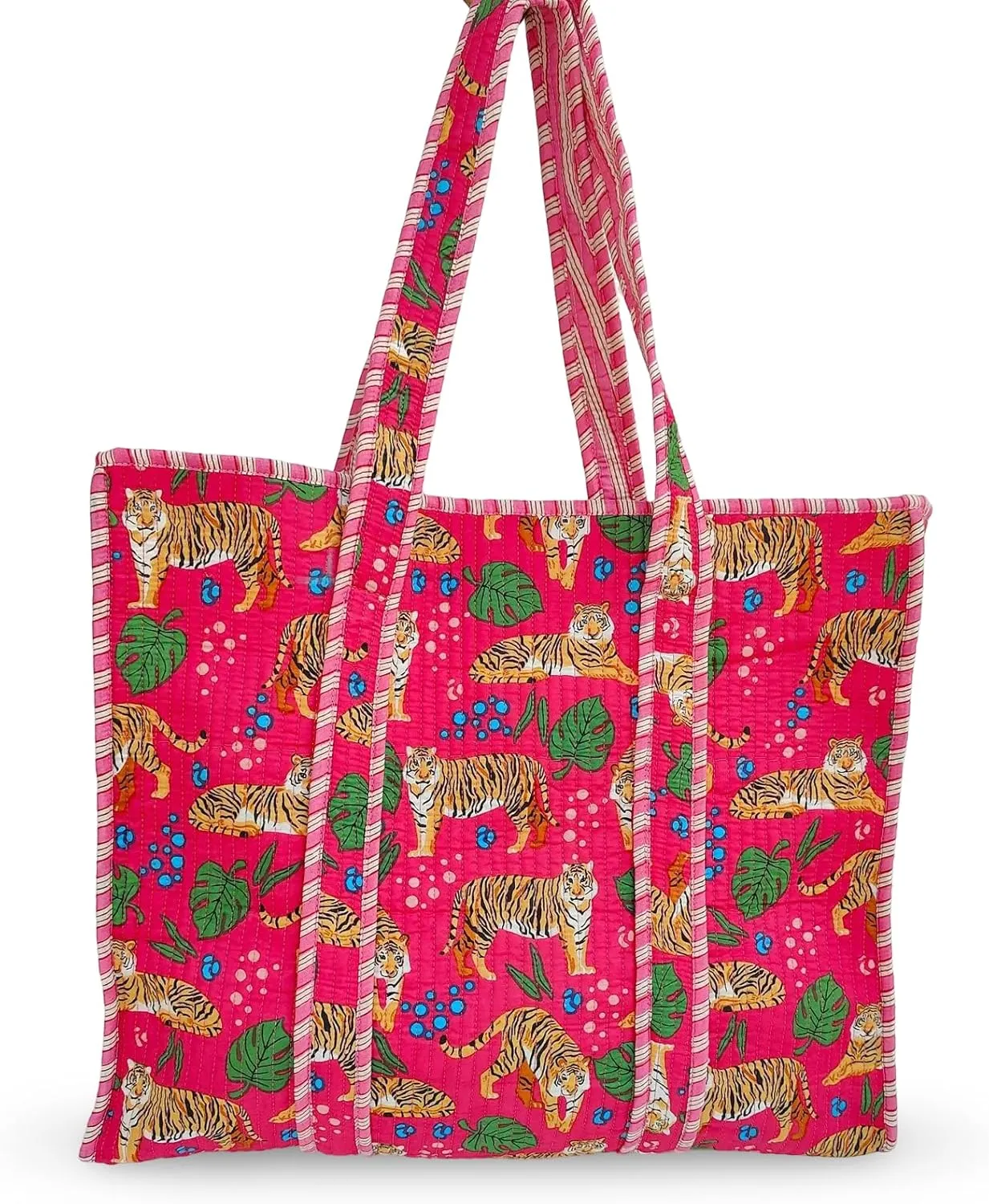 Cotton Tiger Block Print Tote Bag, Indian Handmade Shopping Shoulder Bag, Unisex Market Daily Use
