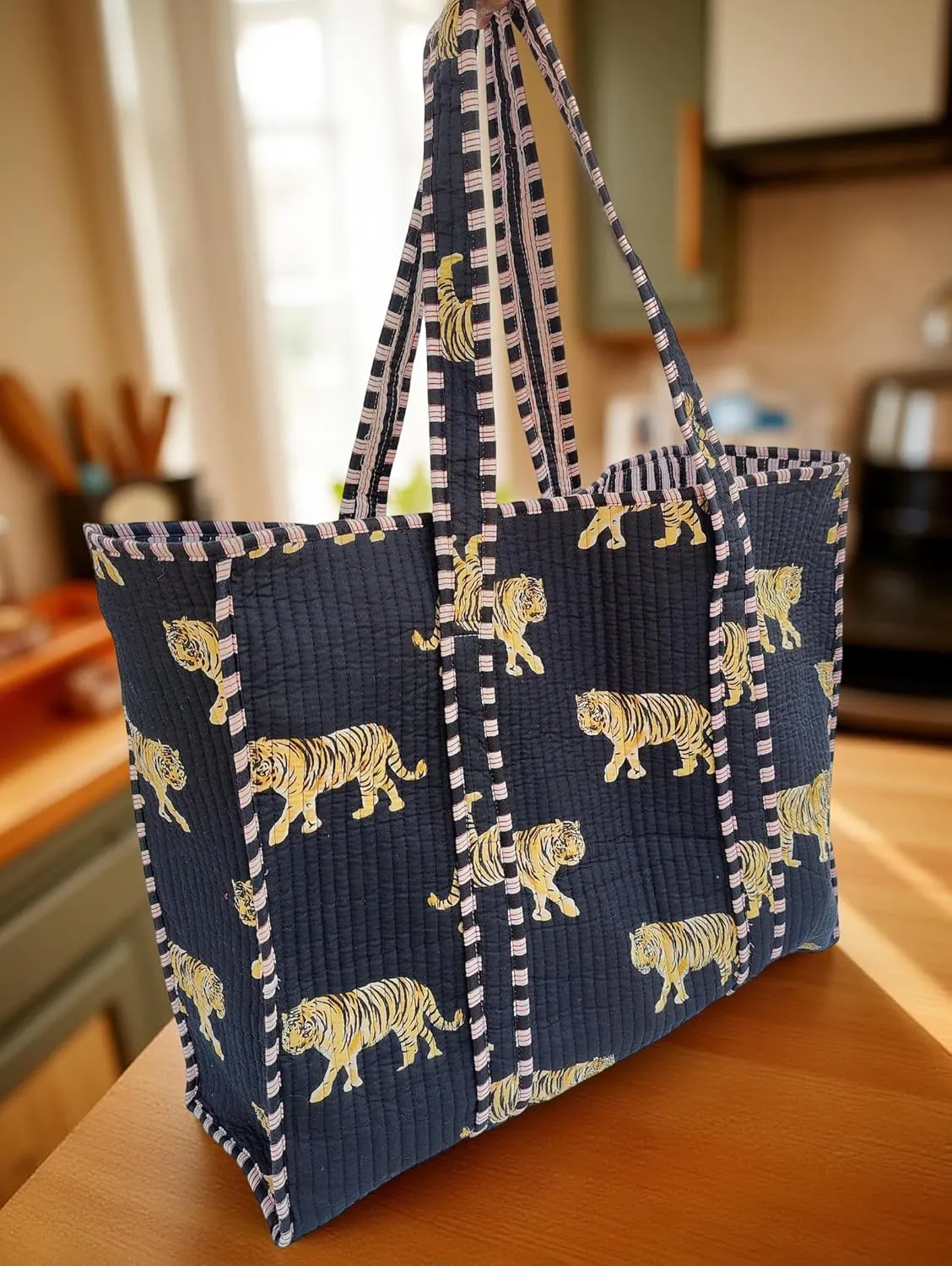 Cotton Tiger Block Print Tote Bag, Indian Handmade Shopping Shoulder Bag, Unisex Market Daily Use