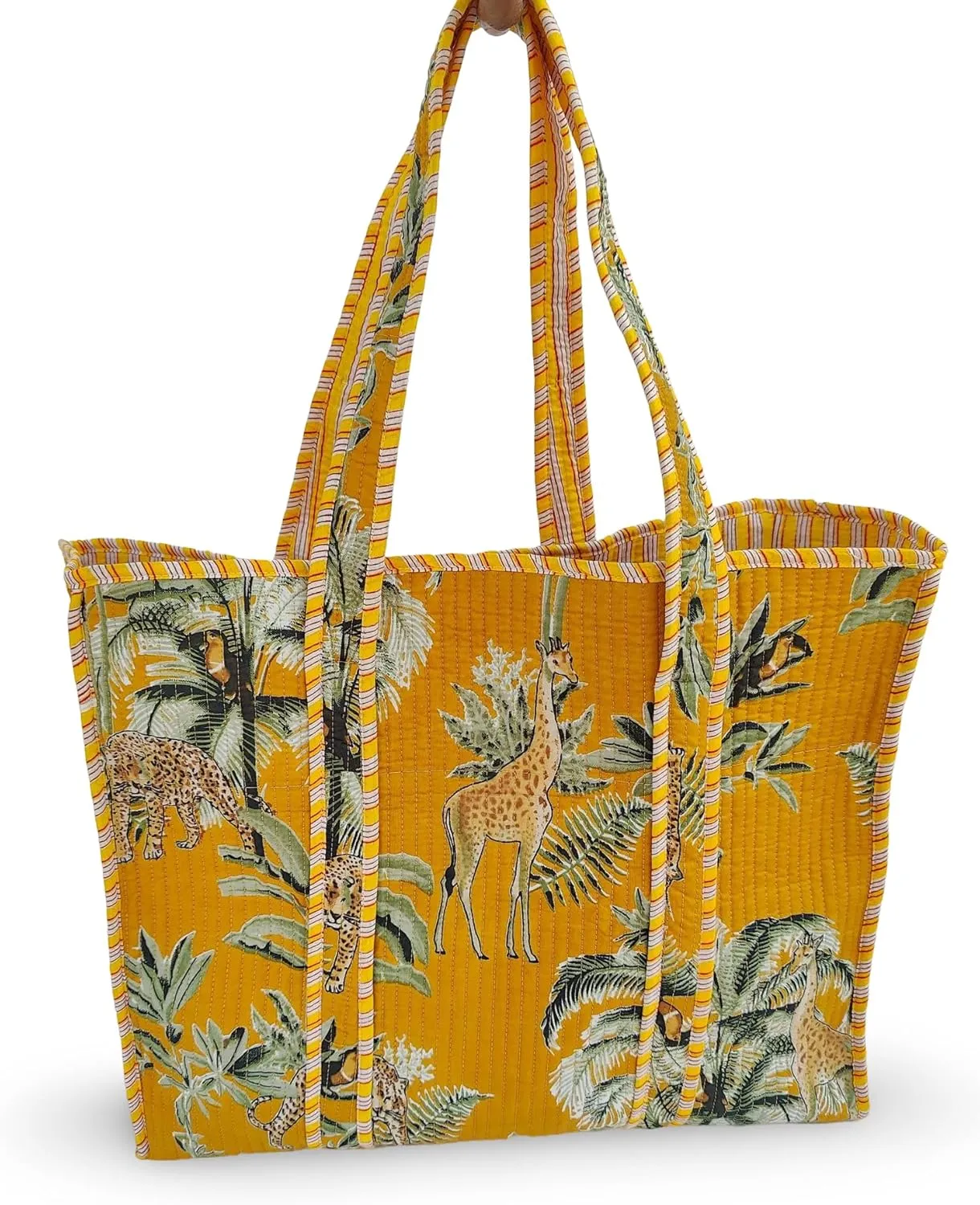 Cotton Tiger Block Print Tote Bag, Indian Handmade Shopping Shoulder Bag, Unisex Market Daily Use