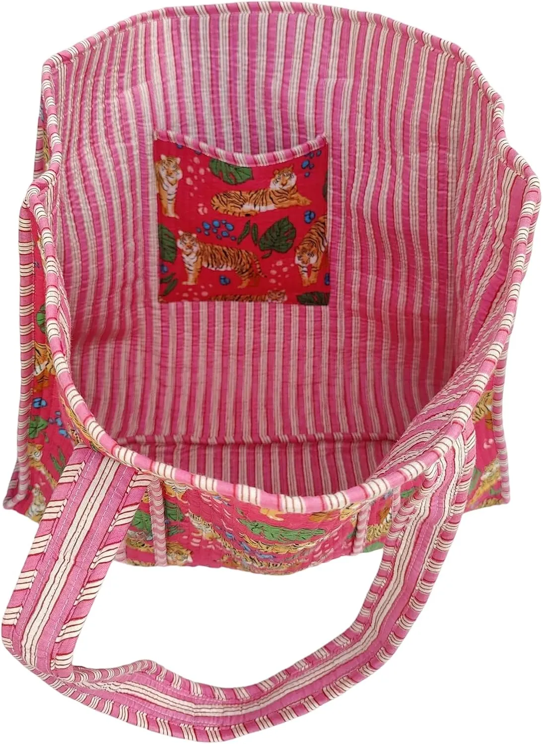 Cotton Tiger Block Print Tote Bag, Indian Handmade Shopping Shoulder Bag, Unisex Market Daily Use