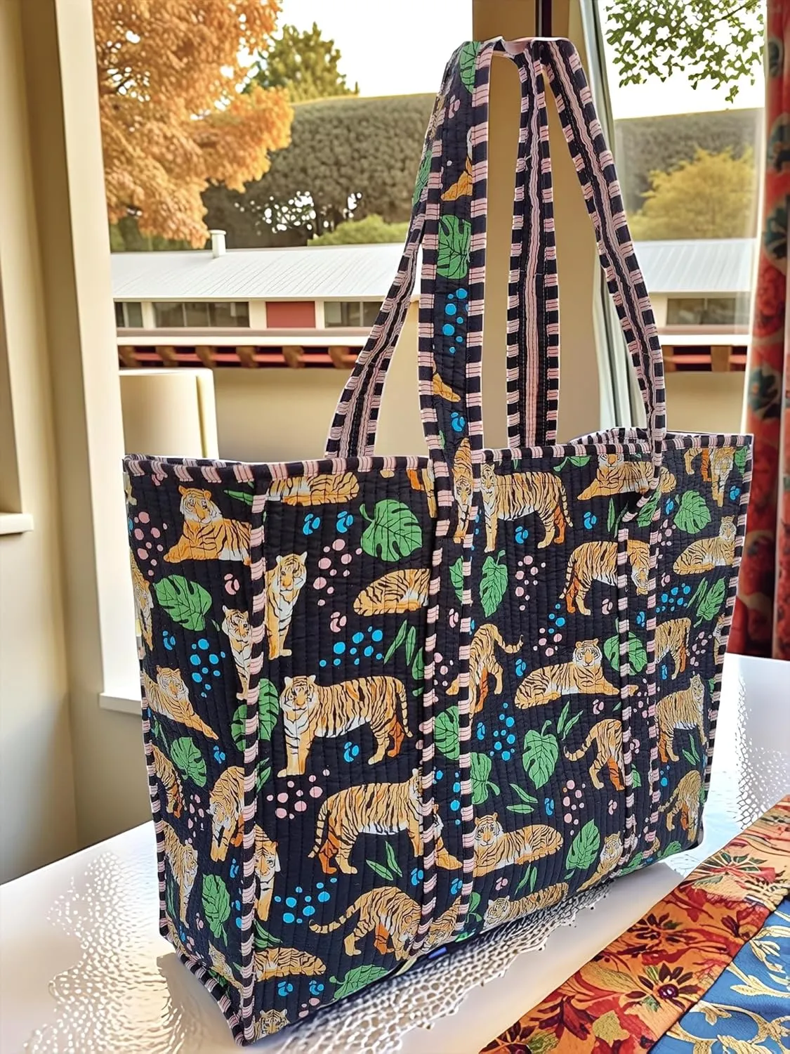 Cotton Tiger Block Print Tote Bag, Indian Handmade Shopping Shoulder Bag, Unisex Market Daily Use