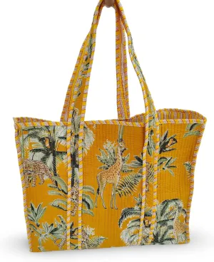 Cotton Tiger Block Print Tote Bag, Indian Handmade Shopping Shoulder Bag, Unisex Market Daily Use