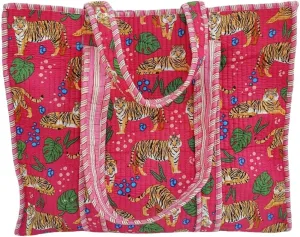 Cotton Tiger Block Print Tote Bag, Indian Handmade Shopping Shoulder Bag, Unisex Market Daily Use