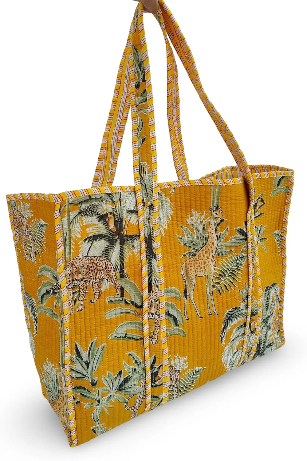 Cotton Tiger Block Print Tote Bag, Indian Handmade Shopping Shoulder Bag, Unisex Market Daily Use