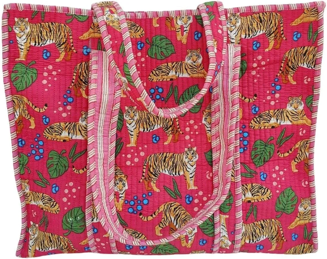 Cotton Tiger Block Print Tote Bag, Indian Handmade Shopping Shoulder Bag, Unisex Market Daily Use