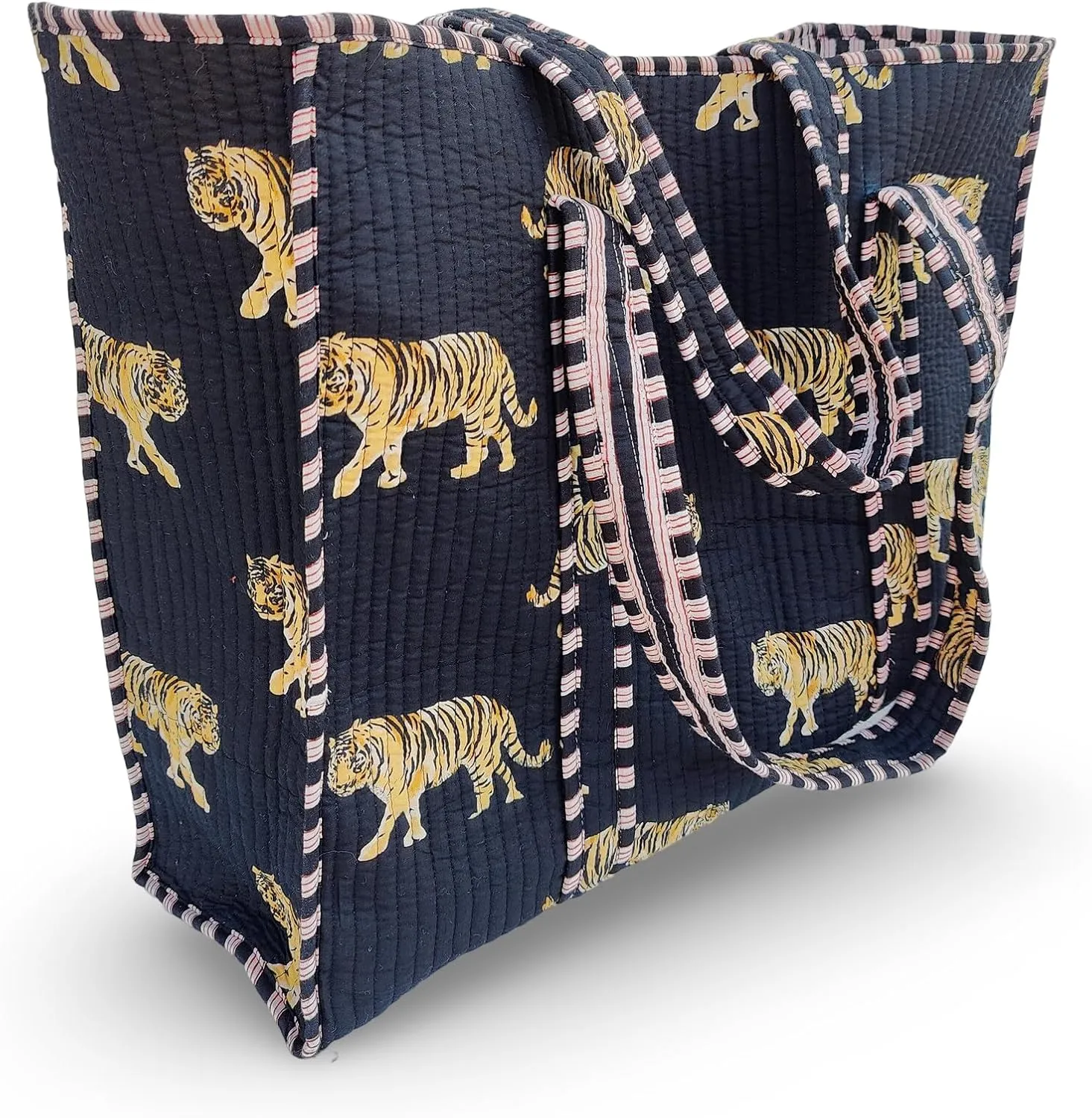 Cotton Tiger Block Print Tote Bag, Indian Handmade Shopping Shoulder Bag, Unisex Market Daily Use