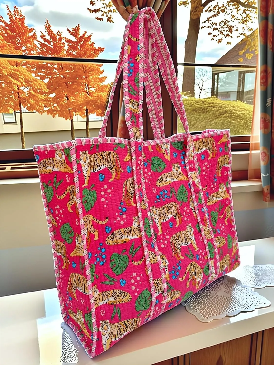 Cotton Tiger Block Print Tote Bag, Indian Handmade Shopping Shoulder Bag, Unisex Market Daily Use
