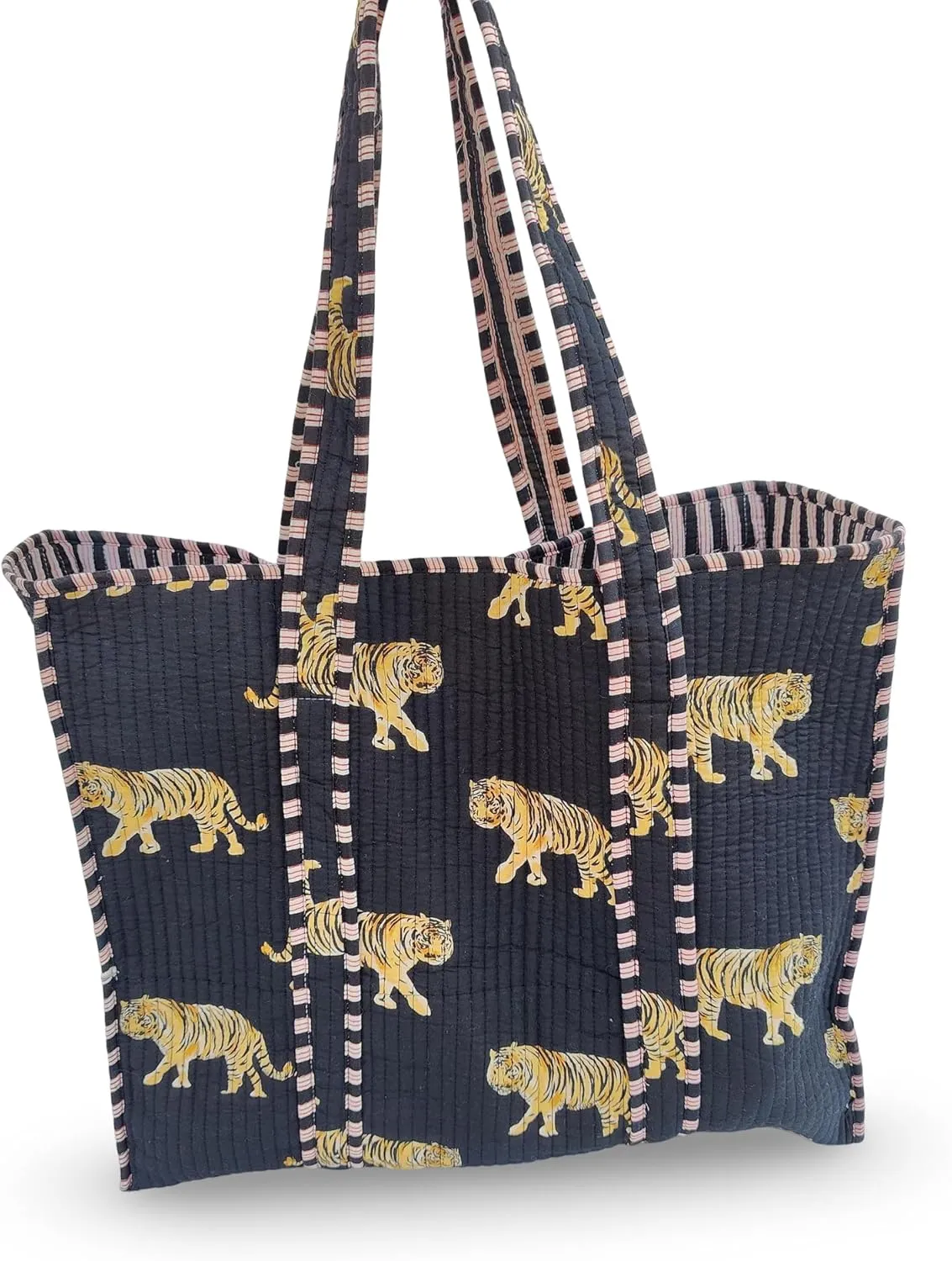 Cotton Tiger Block Print Tote Bag, Indian Handmade Shopping Shoulder Bag, Unisex Market Daily Use