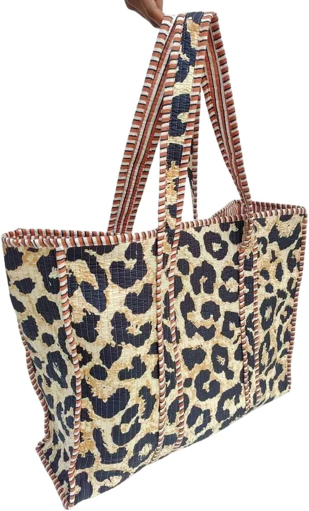 Cotton Tiger Block Print Tote Bag, Indian Handmade Shopping Shoulder Bag, Unisex Market Daily Use