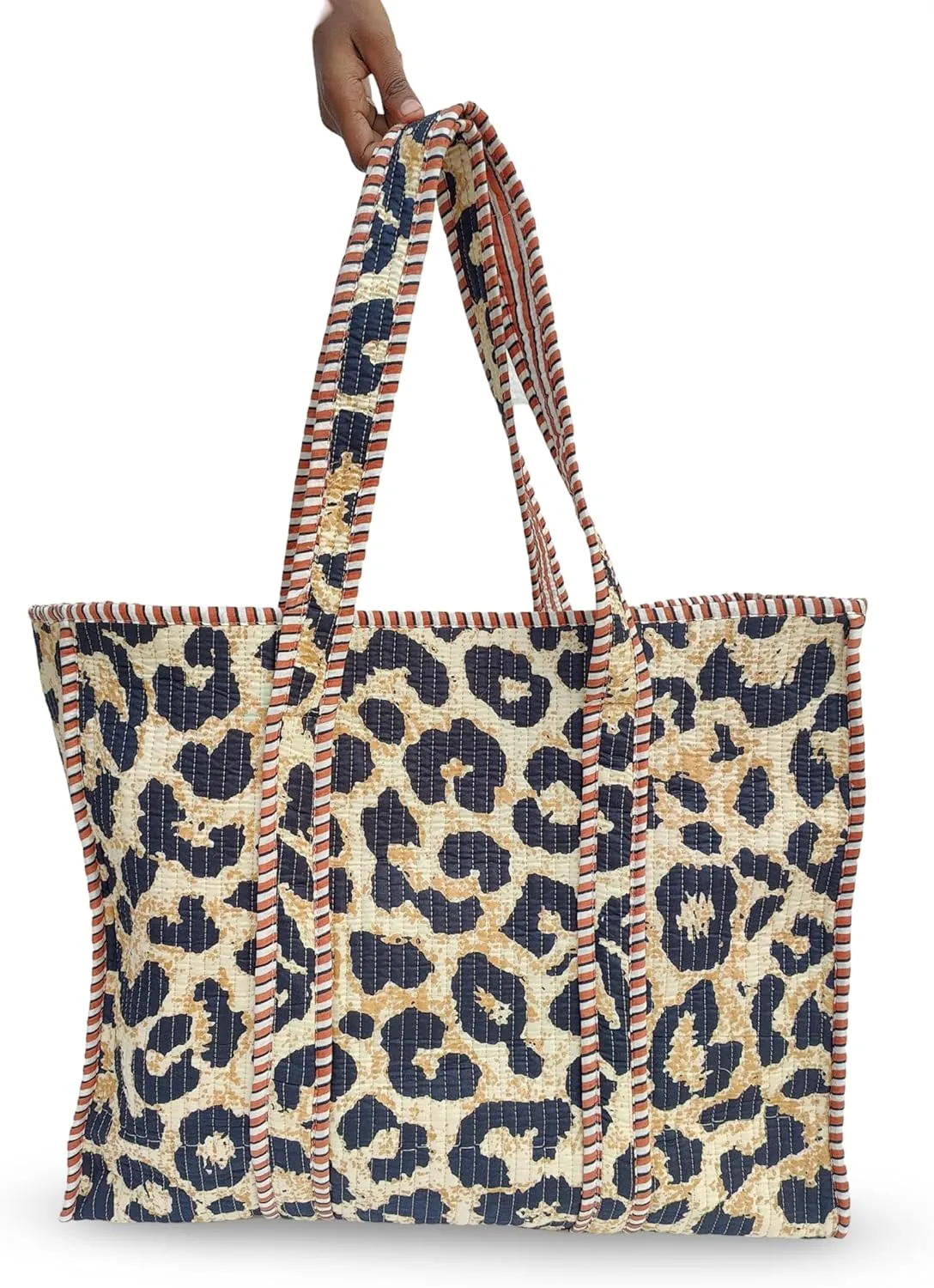 Cotton Tiger Block Print Tote Bag, Indian Handmade Shopping Shoulder Bag, Unisex Market Daily Use