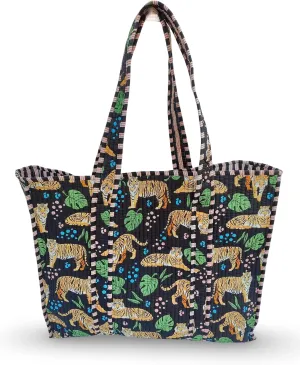 Cotton Tiger Block Print Tote Bag, Indian Handmade Shopping Shoulder Bag, Unisex Market Daily Use