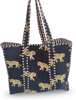 Cotton Tiger Block Print Tote Bag, Indian Handmade Shopping Shoulder Bag, Unisex Market Daily Use