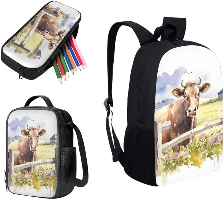 Cow Farm Watercolor Painting Backpack for Boys with Countryside Cow Lunch Box Set Elementary Kids Bookbag with Lunch Bag/Rucksack Primary School Kids Pencil Box