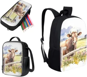 Cow Farm Watercolor Painting Backpack for Boys with Countryside Cow Lunch Box Set Elementary Kids Bookbag with Lunch Bag/Rucksack Primary School Kids Pencil Box