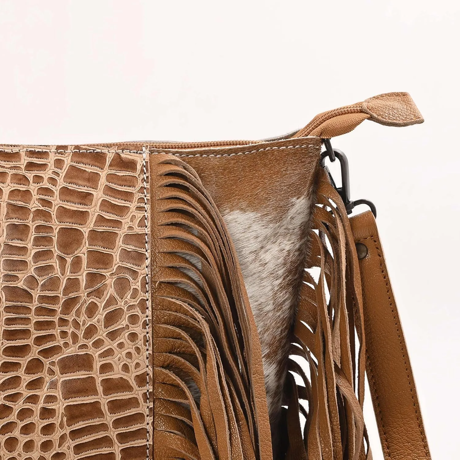 Cowgirl Crossbody Handbag - Cowhide and Alligator Leather with Fringes