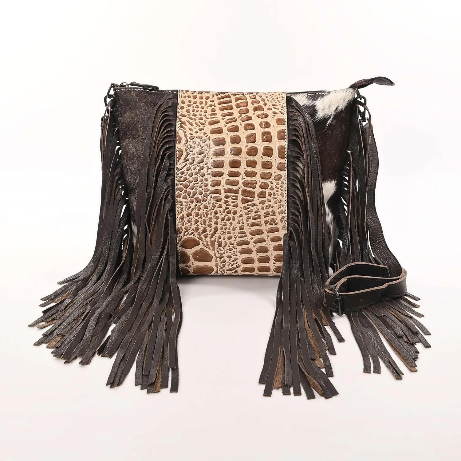 Cowgirl Crossbody Handbag - Cowhide and Alligator Leather with Fringes
