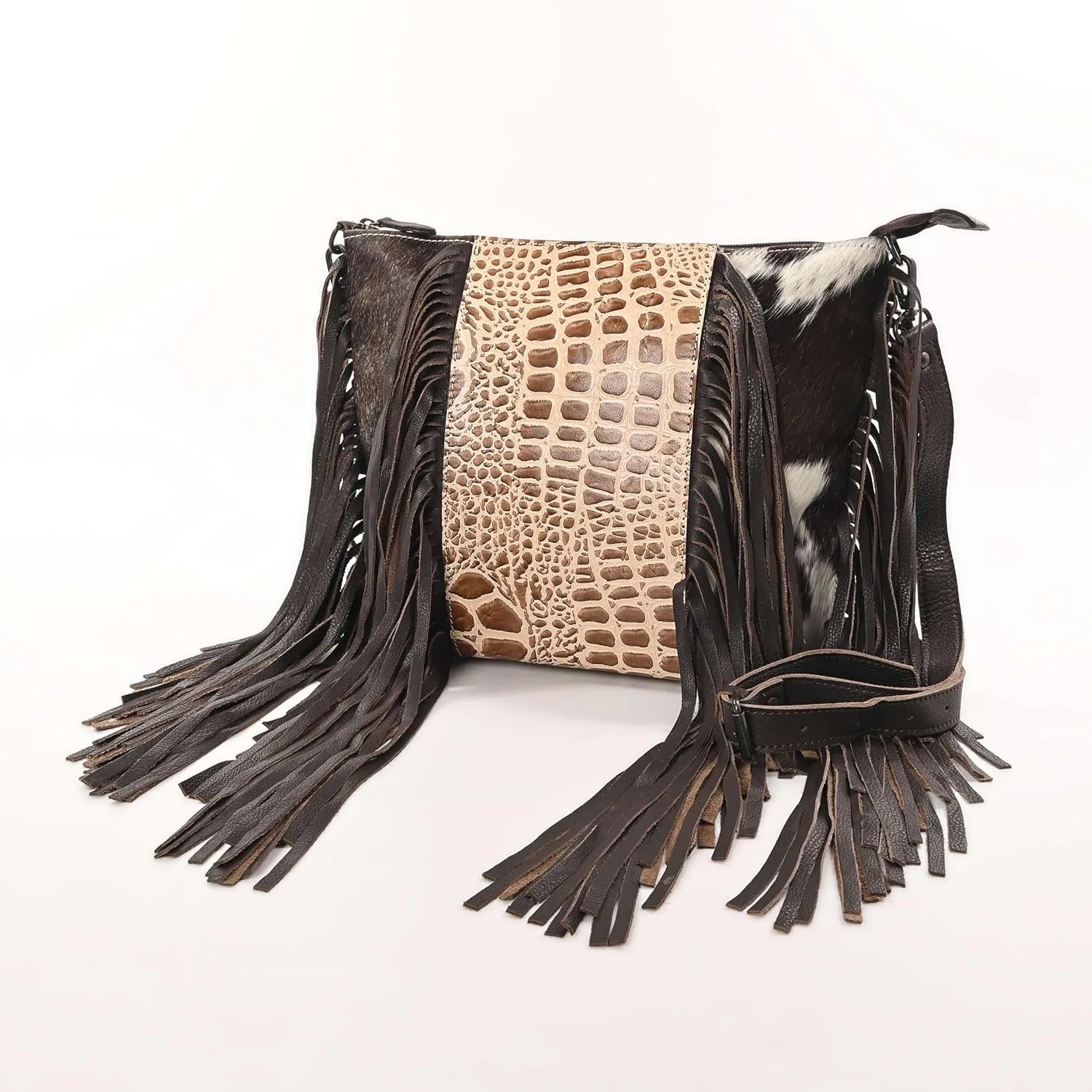 Cowgirl Crossbody Handbag - Cowhide and Alligator Leather with Fringes