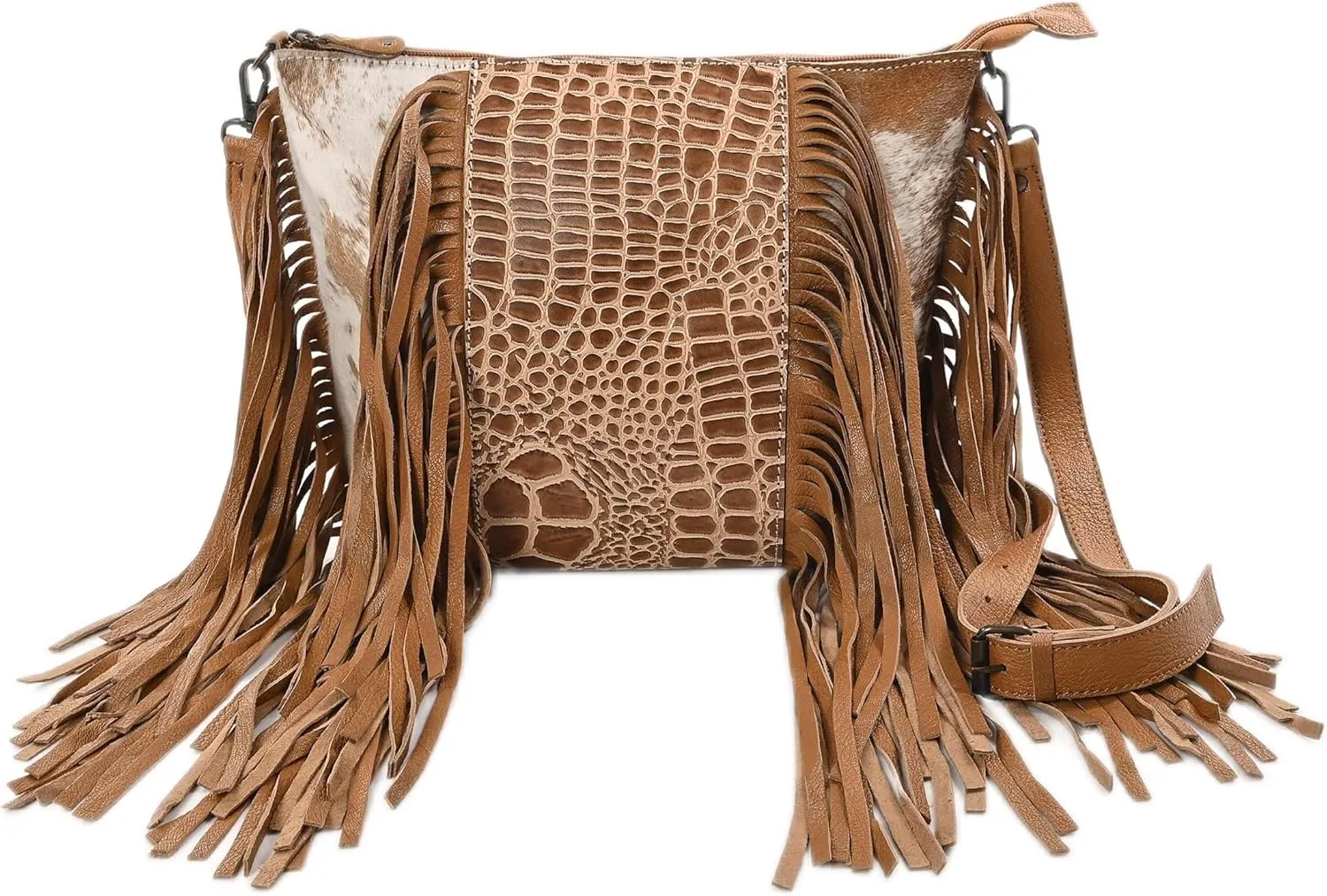 Cowgirl Crossbody Handbag - Cowhide and Alligator Leather with Fringes