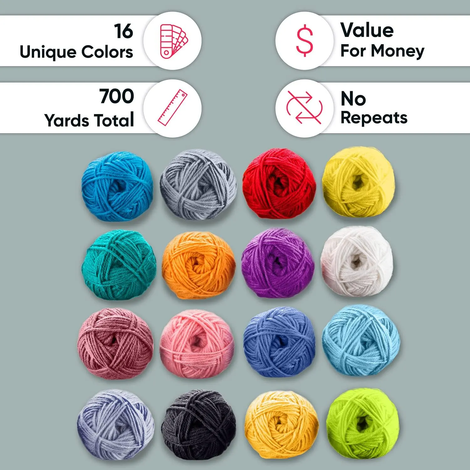 CRAFTISS 16x0.7 Oz Acrylic Yarn Mini Skeins - 700 Yards of Soft Yarn for Crocheting and Knitting Craft Project, Assorted Starter Crochet Bulk Kit for Adults and Kids