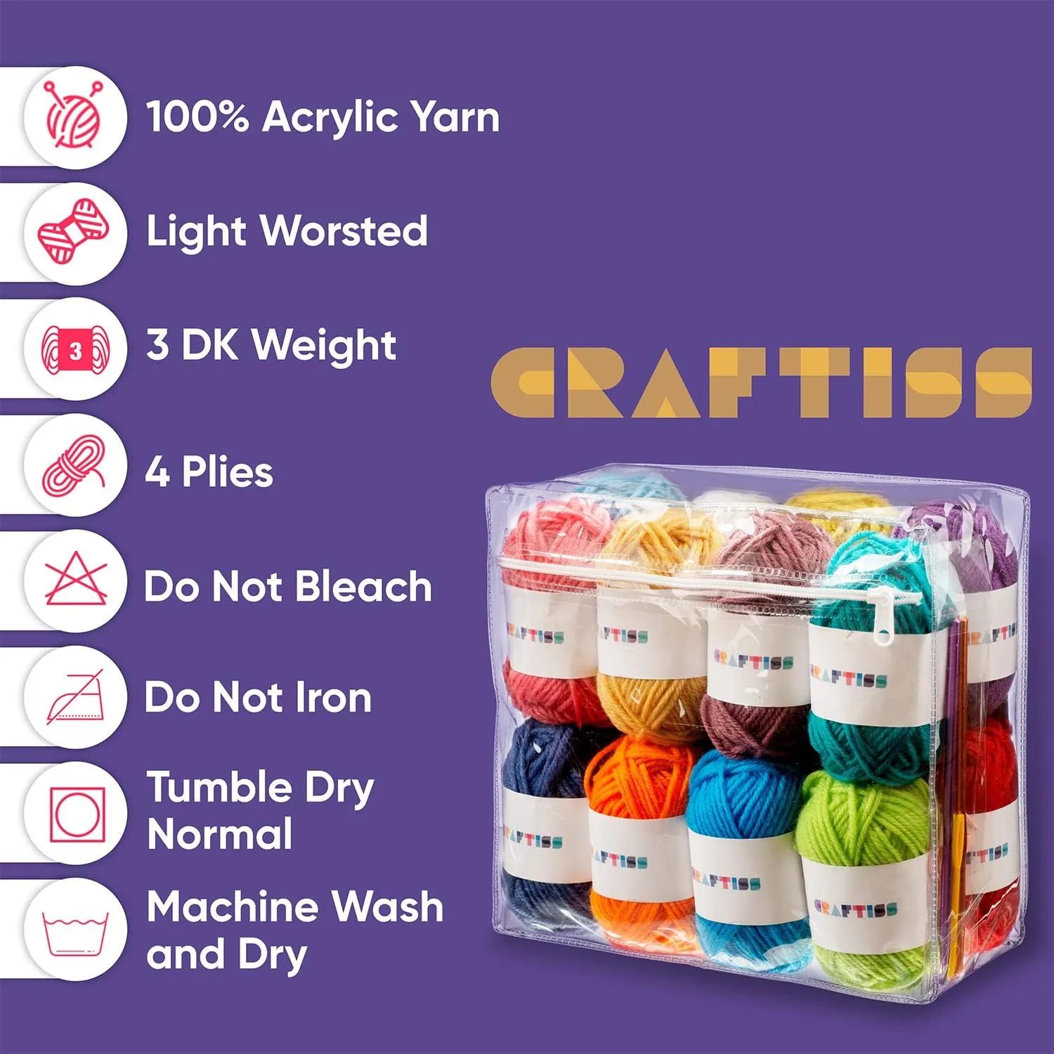 CRAFTISS 16x0.7 Oz Acrylic Yarn Mini Skeins - 700 Yards of Soft Yarn for Crocheting and Knitting Craft Project, Assorted Starter Crochet Bulk Kit for Adults and Kids