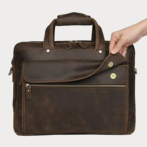 Crazy Horse Leather Briefcase High-Quality Leather Messenger Bags Men's Large Travel Shoulder Bag