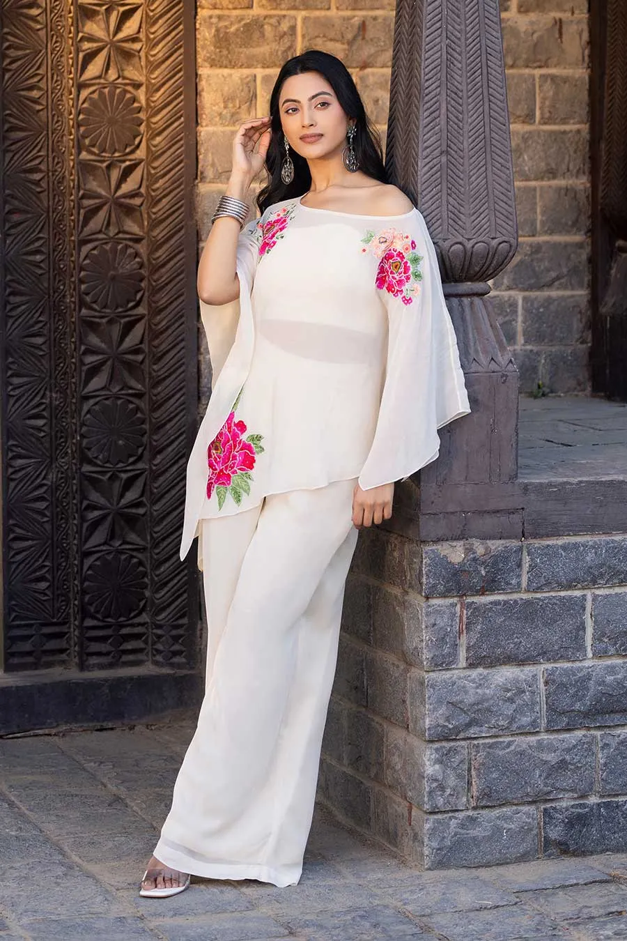 Cream Embroidered One-Shoulder Top & Pant Set