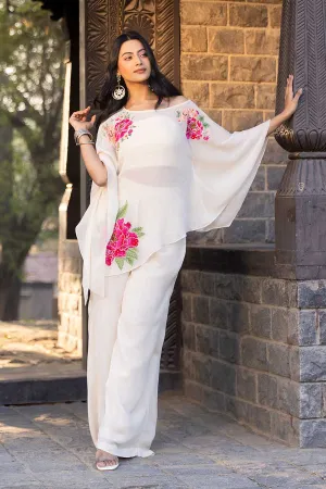 Cream Embroidered One-Shoulder Top & Pant Set