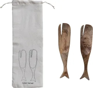 Creative Co-Op 9.75 Inches Mango Wood Whale Design Kitchen Printed Drawstring Bag, Natural, Set of 2 Salad Server