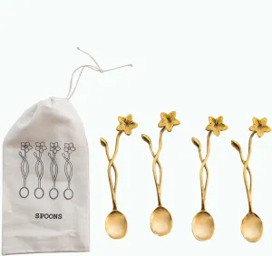 Creative Co-Op Farmhouse Brass Spoons with Flower Handles in Drawstring Bag, Brass Finish