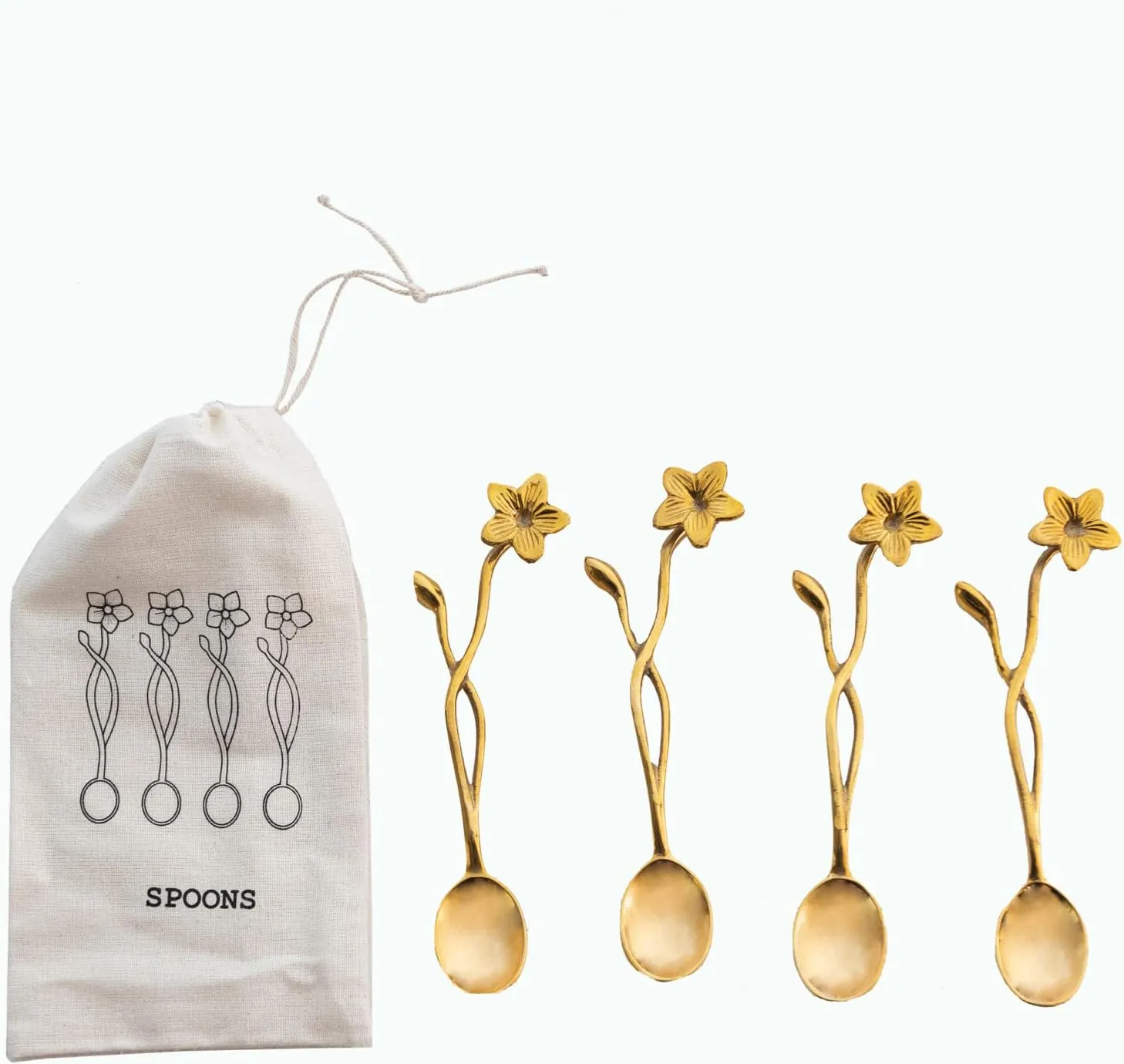 Creative Co-Op Farmhouse Brass Spoons with Flower Handles in Drawstring Bag, Brass Finish