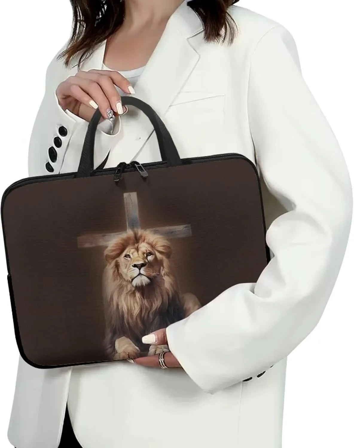 Cross Lion Brown Print Laptop Sleeve Case Travel Laptop Bag with Handle Waterproof Carrying Bag Briefcase for Women Men Work Study Large Capacity Tablet Protective Bag, 10inch