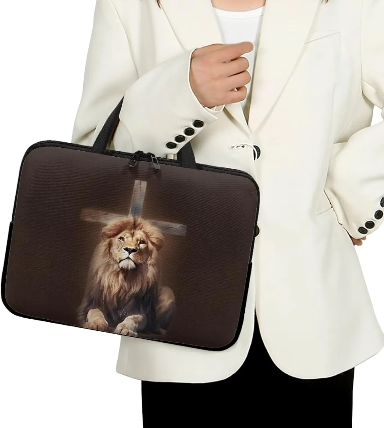 Cross Lion Brown Print Laptop Sleeve Case Travel Laptop Bag with Handle Waterproof Carrying Bag Briefcase for Women Men Work Study Large Capacity Tablet Protective Bag, 10inch
