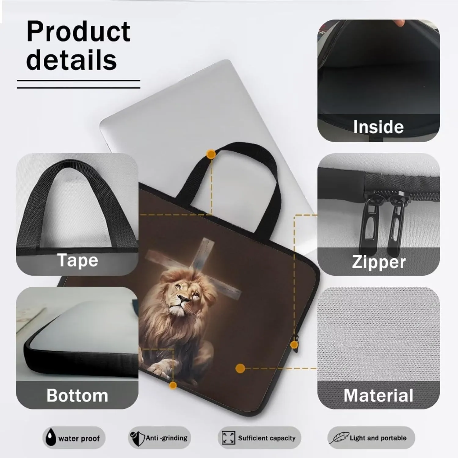 Cross Lion Brown Print Laptop Sleeve Case Travel Laptop Bag with Handle Waterproof Carrying Bag Briefcase for Women Men Work Study Large Capacity Tablet Protective Bag, 10inch