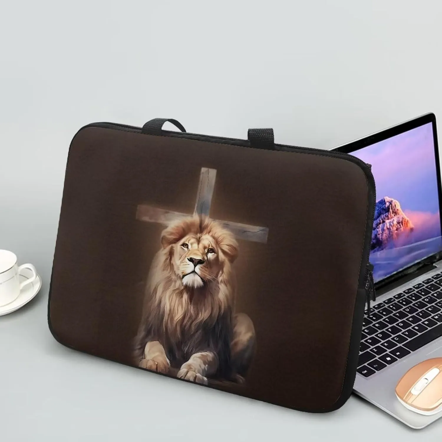Cross Lion Brown Print Laptop Sleeve Case Travel Laptop Bag with Handle Waterproof Carrying Bag Briefcase for Women Men Work Study Large Capacity Tablet Protective Bag, 10inch