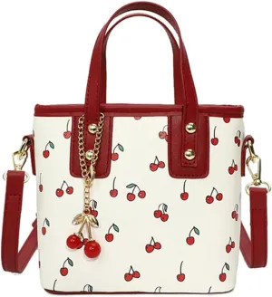 Crossbody Bags for Women, Small Cherry Print Shoulder Bag Cute Leather Tote Bag,Cherry Red Purse with Shoulder Strap