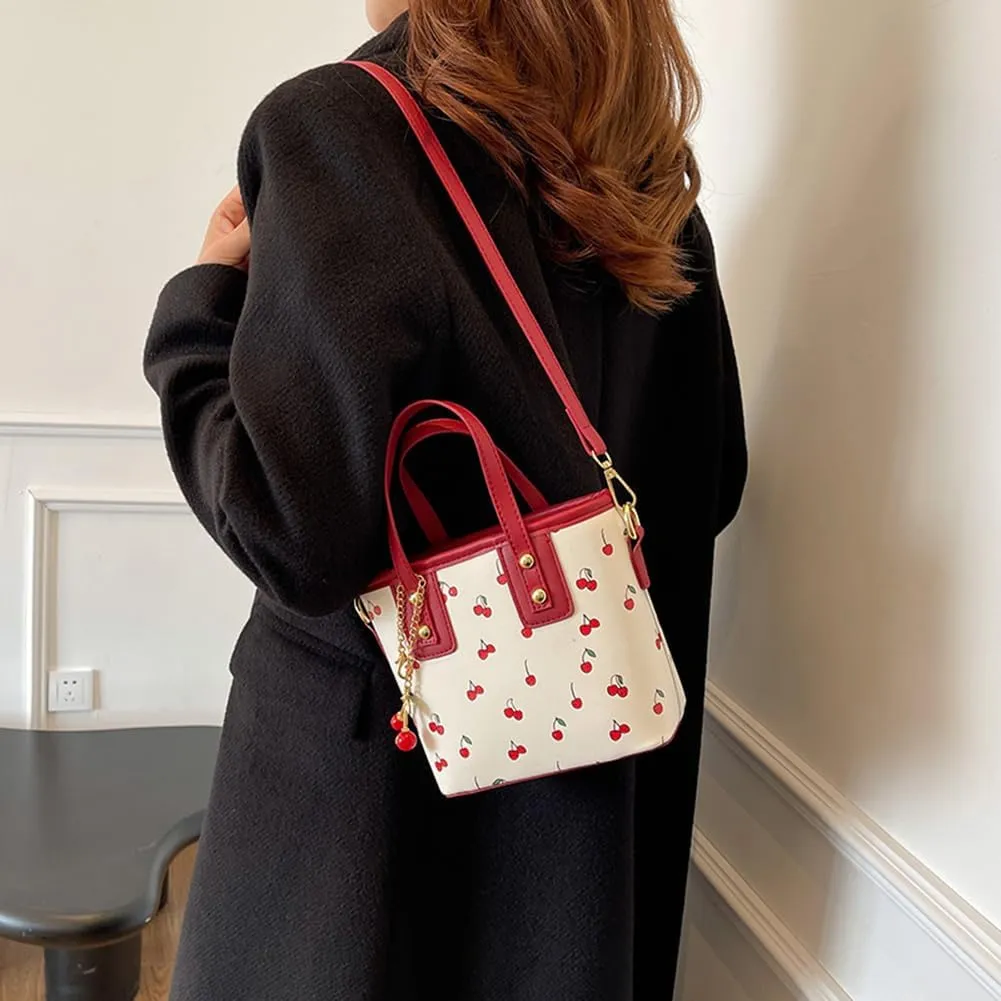 Crossbody Bags for Women, Small Cherry Print Shoulder Bag Cute Leather Tote Bag,Cherry Red Purse with Shoulder Strap