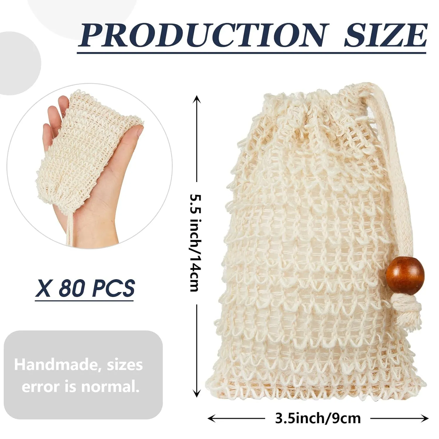 Cunhill 80 Pack Soap Saver Bag Exfoliating Sisal Soap Pouch with Drawstring Bar Wooden Bead Foaming and Drying Exfoliating Net for Bath and Shower