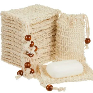 Cunhill 80 Pack Soap Saver Bag Exfoliating Sisal Soap Pouch with Drawstring Bar Wooden Bead Foaming and Drying Exfoliating Net for Bath and Shower
